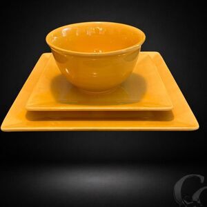 Corsica Home Yellow Square Dinner Plates & Bowl Set of 3 Hand Painted